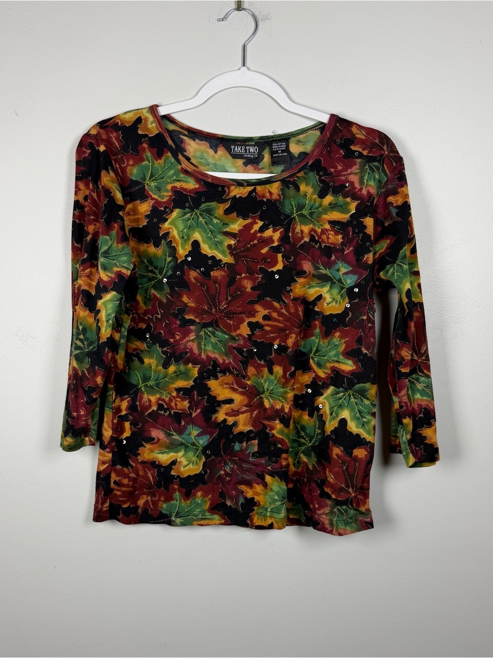 Take Two Clothing Co Women’s Medium Top 3/4 Sleeve Beaded Fall Leaves Cotton